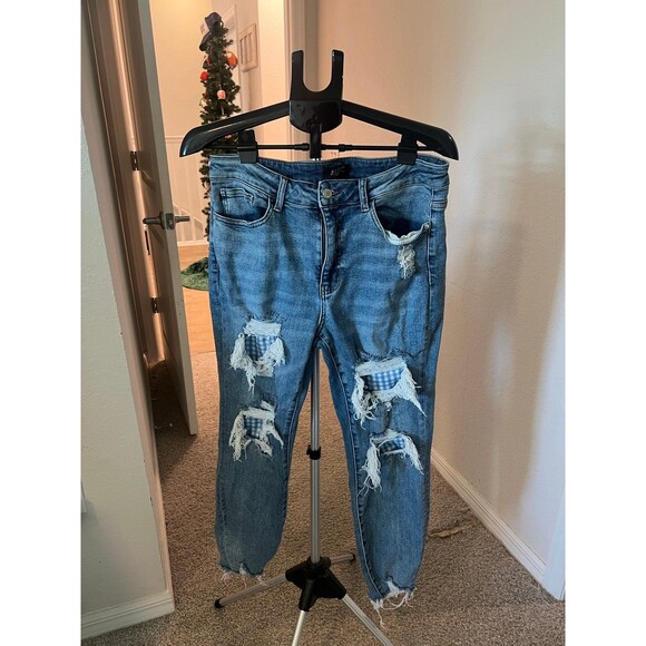 Judy Blue Denim - Judy Blue Denim - Distressed Gingham Patchwork High-Rise Skinny Jeans Size 14